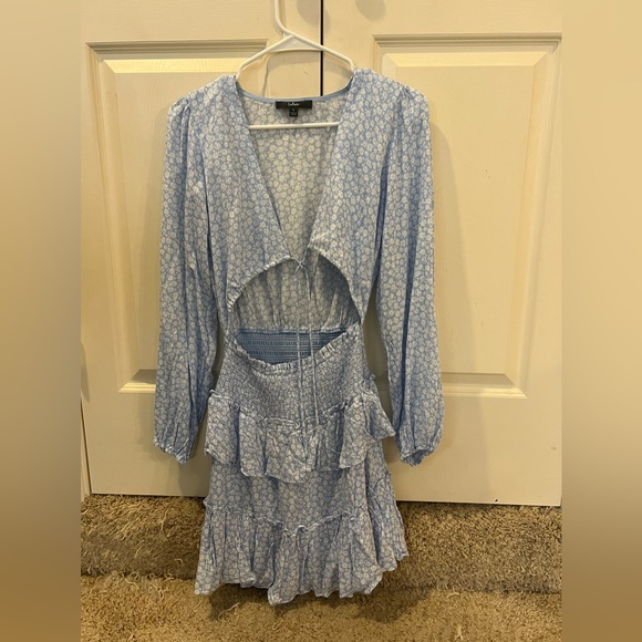 Cheery Cutie Light Blue Floral Print Tie-Front Tiered Mini Dress - Picture 4 of 6